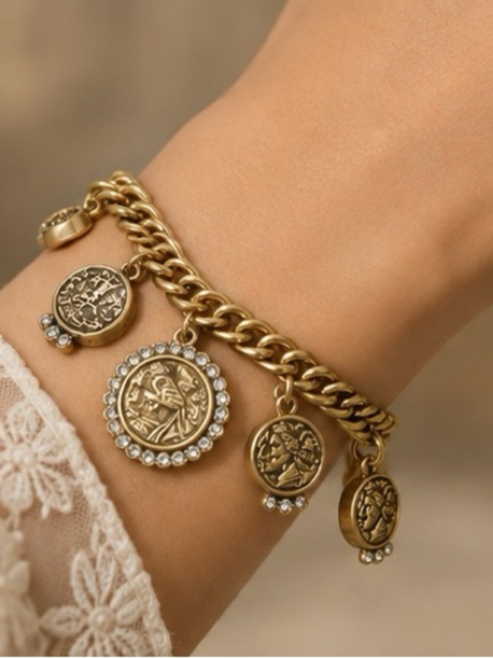Gold-Tone Coin Charm Bracelet – Vintage-Inspired Statement Jewelry